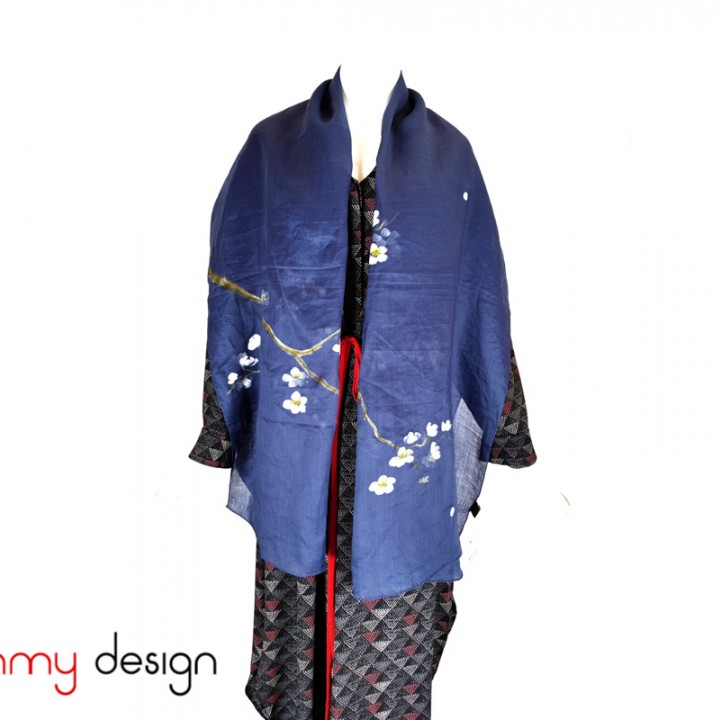 Blue ramie scarf hand-painted with apricot blossom